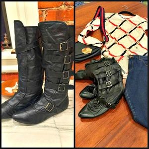Flat black leather buckle boots